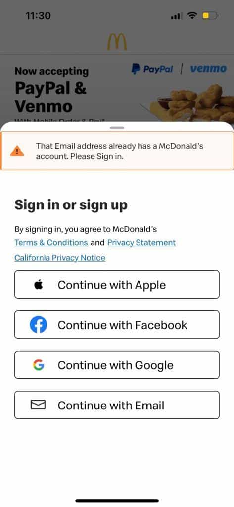 An iPhone user shared a fix for the McDonalds app please enter a valid email error